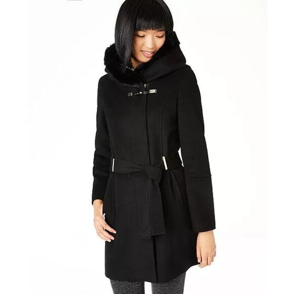 Calvin Klein Belted Asymmetrical Coat with Faux-Fur Hood - XS - Picture 1 of 5